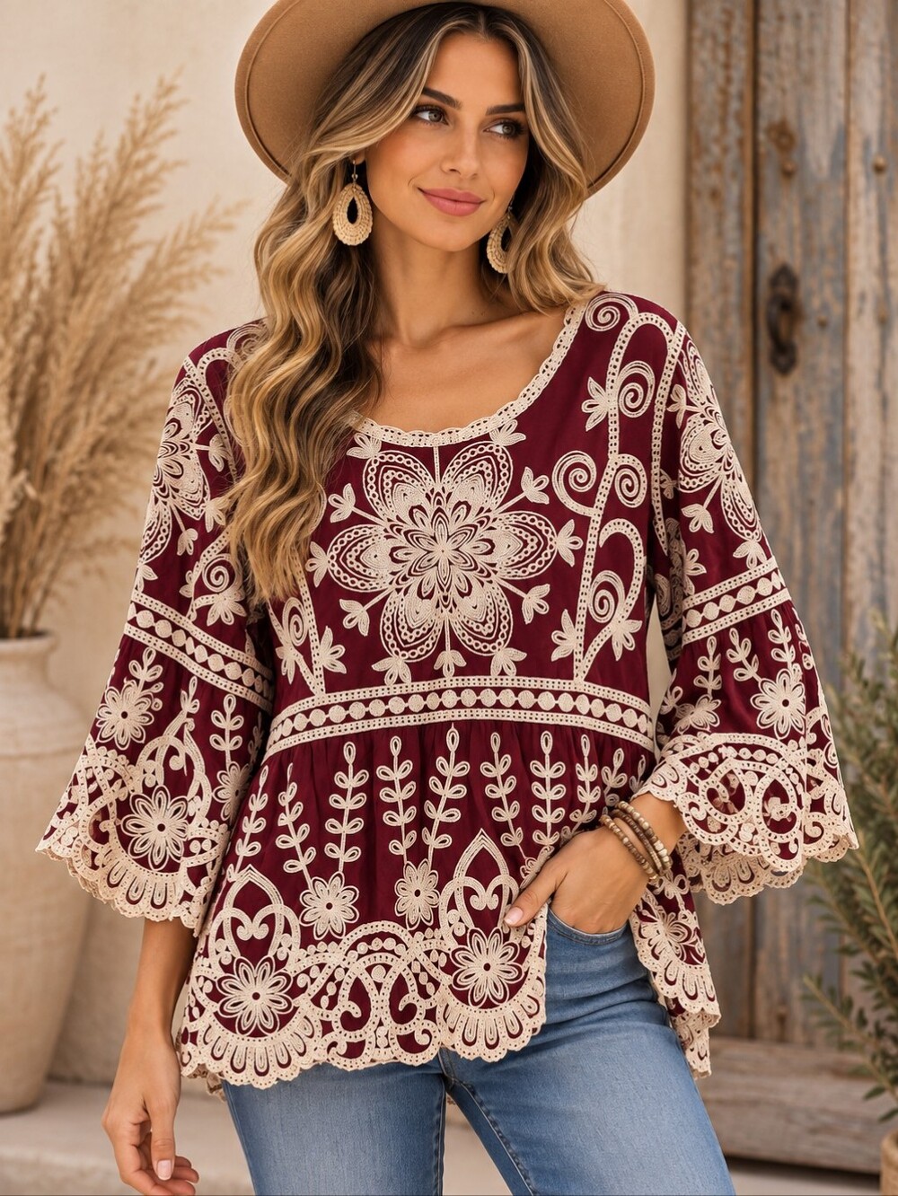 556. Kindred Bohemian Embroidered Floral Blouse - Burgundy
